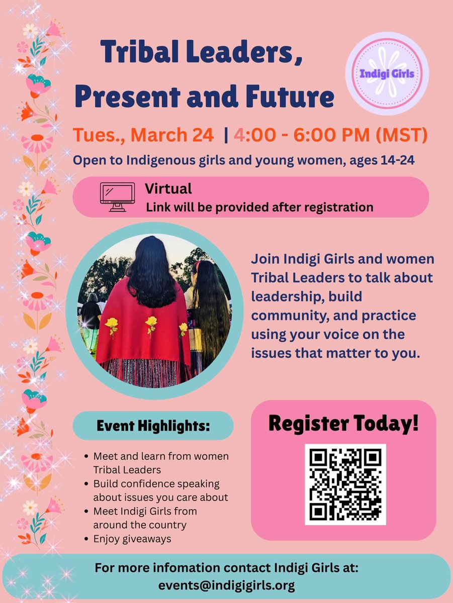 Don’t let your youth miss out!

Have them register for Indigi Girls’ event, “Tribal Leaders, Present and Future,” to connect with women Tribal leaders, build confidence, and find their voice.

March 24 | 4–6 PM (MST)
Register via QR code or email events@indigigirls.org