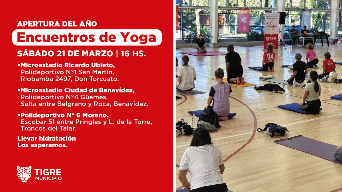 ¡Vuelven los Encuentros de Yoga! 🧘 
Te esperamos el sábado 21 de marzo a las 16hs para compartir un espacio de armonía y meditación. ¡No olvides llevar hidratación! 🐯

📍Microestadio Ciudad de Benavídez
📍Microestadio Ricardo Ubieto
📍Polideportivo N° 6 Moreno