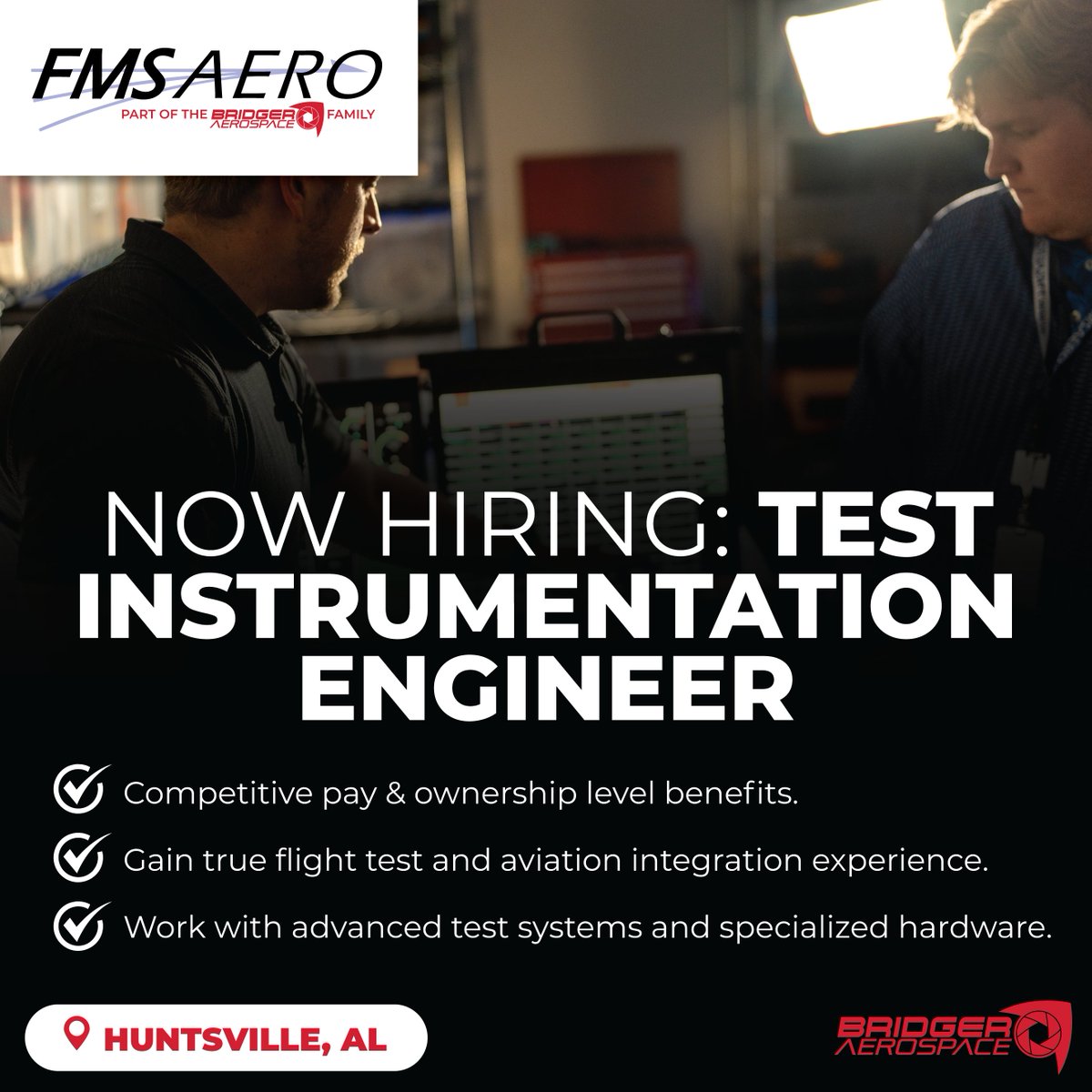 jsfirmEngineer's tweet photo. FMS Aerospace, a wholly owned subsidiary of Bridger, is looking for a Test Instrumentation Engineer to join our team in Huntsville, Alabama.

✴️ Competitive pay &amp; ownership level benefits

Apply here ➡️ https://t.co/nPwjYCGOXg https://t.co/LoS5ZVEbI0