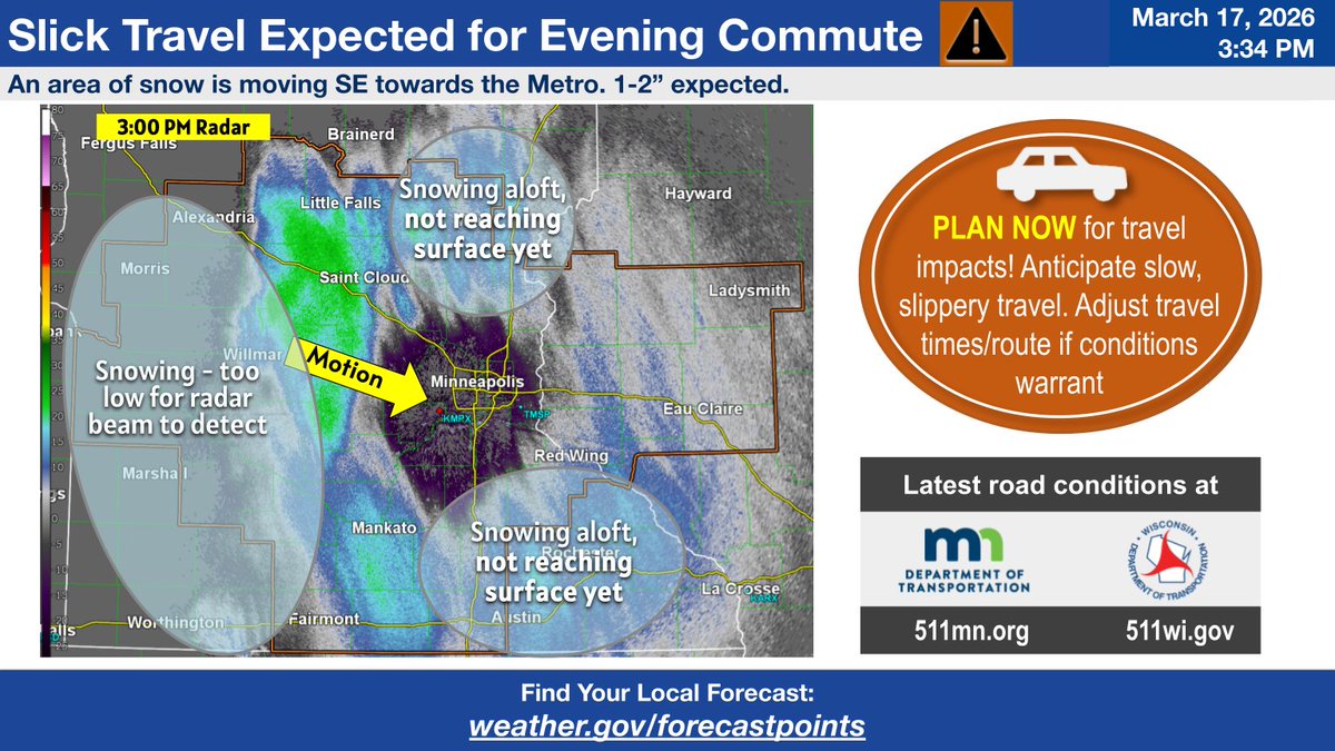 NWSTwinCities's tweet photo. Light snow will move into the Twin Cities Metro in the next few hours, creating a slick evening commute. Total accumulations will only be 1-2 inches. The timing of the snow will create a difficult evening commute and you should anticipate slow travel.

#MNwx #WIwx https://t.co/YvZXH5EchE