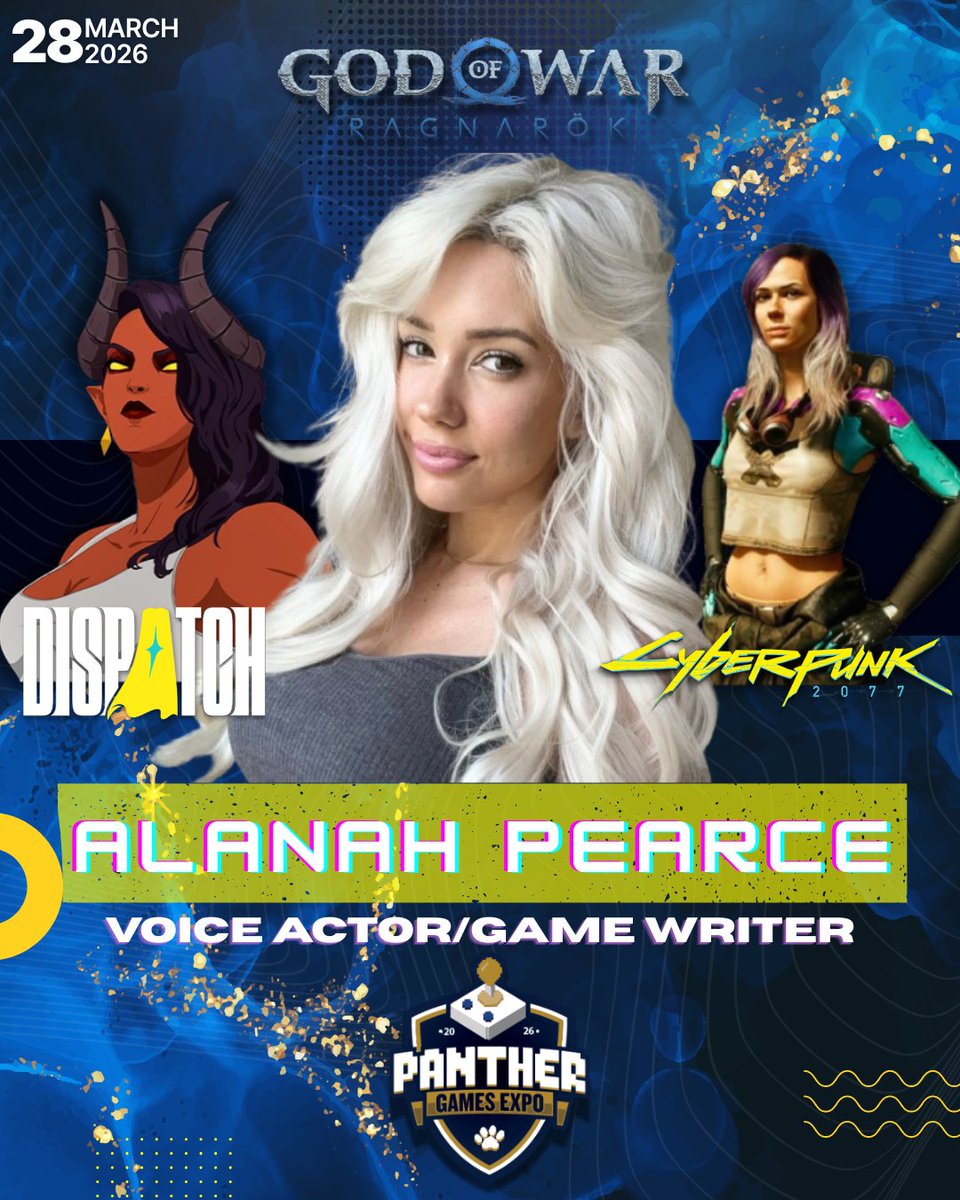 fiuesports's tweet photo. 🎮 PGX Guest Announcement!

We’re excited to welcome Alanah Pearce to Panther Games Expo on March 28!

Voice actor, writer &amp; gaming industry vet (God of War Ragnarök, Cyberpunk 2077)

✨ FREE autographs
🎤 Meet &amp; greets
🎮 Game dev &amp; VO insights
📍 FIU | March 28, 2026
#PGX #FIU https://t.co/CvwxmpYkhK