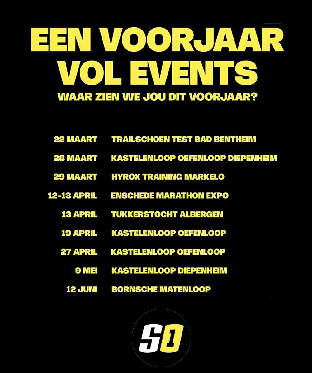 Samen lopen is leuker. 🏃‍♀️

22 mrt 
Trailschoenen test 
Bad Bentheim
29 mrt 
HYROX training Markelo

12-13 april
Enschede Marathon Expo
9 mei 
Kastelenloop Diepenheim
12 juni 
Bornsche Matenloop

Waar zien we jou dit voorjaar?

steponeborne.nl/evenementen/