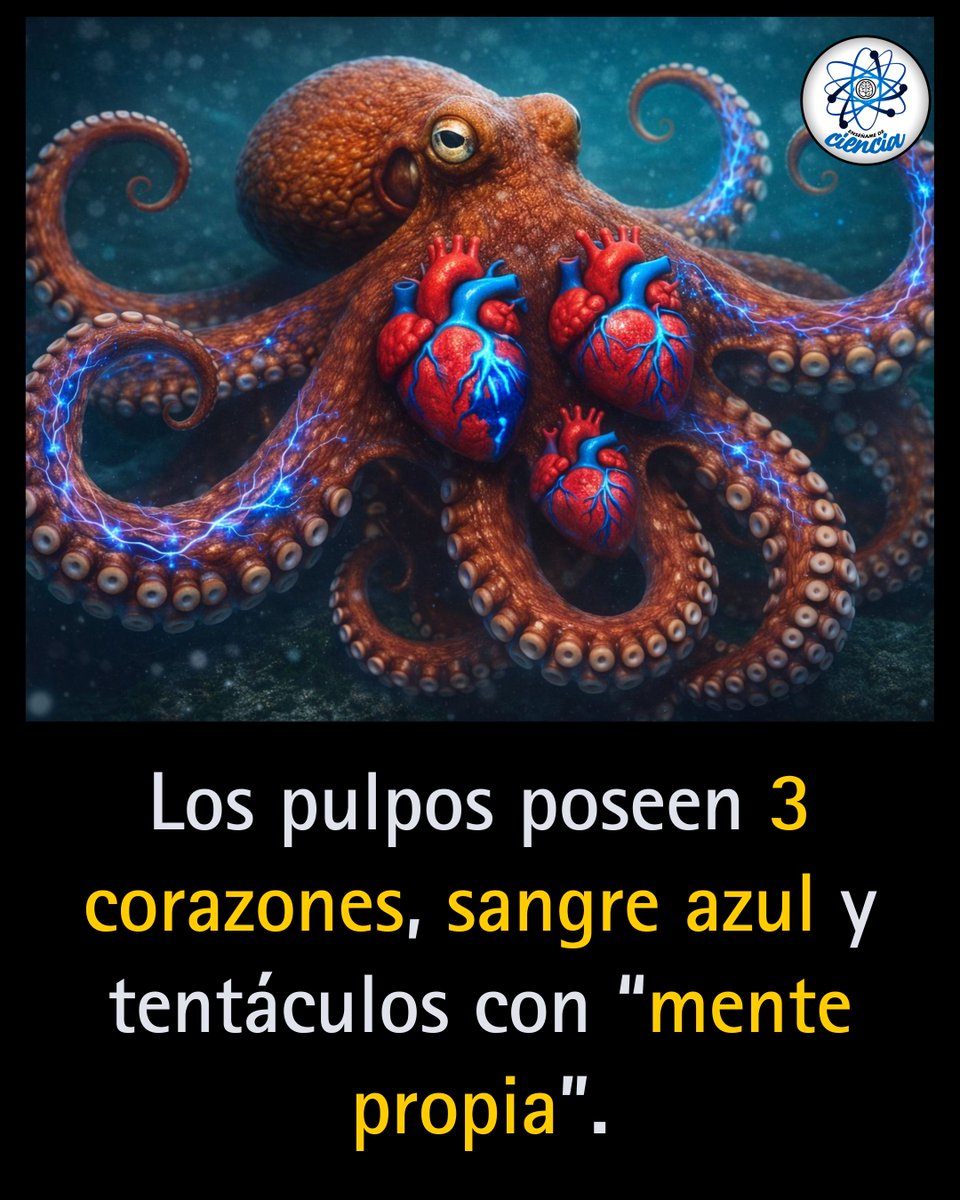 🐙 No es ciencia ficción… es biología real.

Los pulpos tienen 3 corazones, y su sangre es azul, gracias a una proteína basada en cobre que les permite sobrevivir en condiciones extremas bajo el mar.

Pero lo más impresionante es su sistema nervioso: más de la mitad de sus