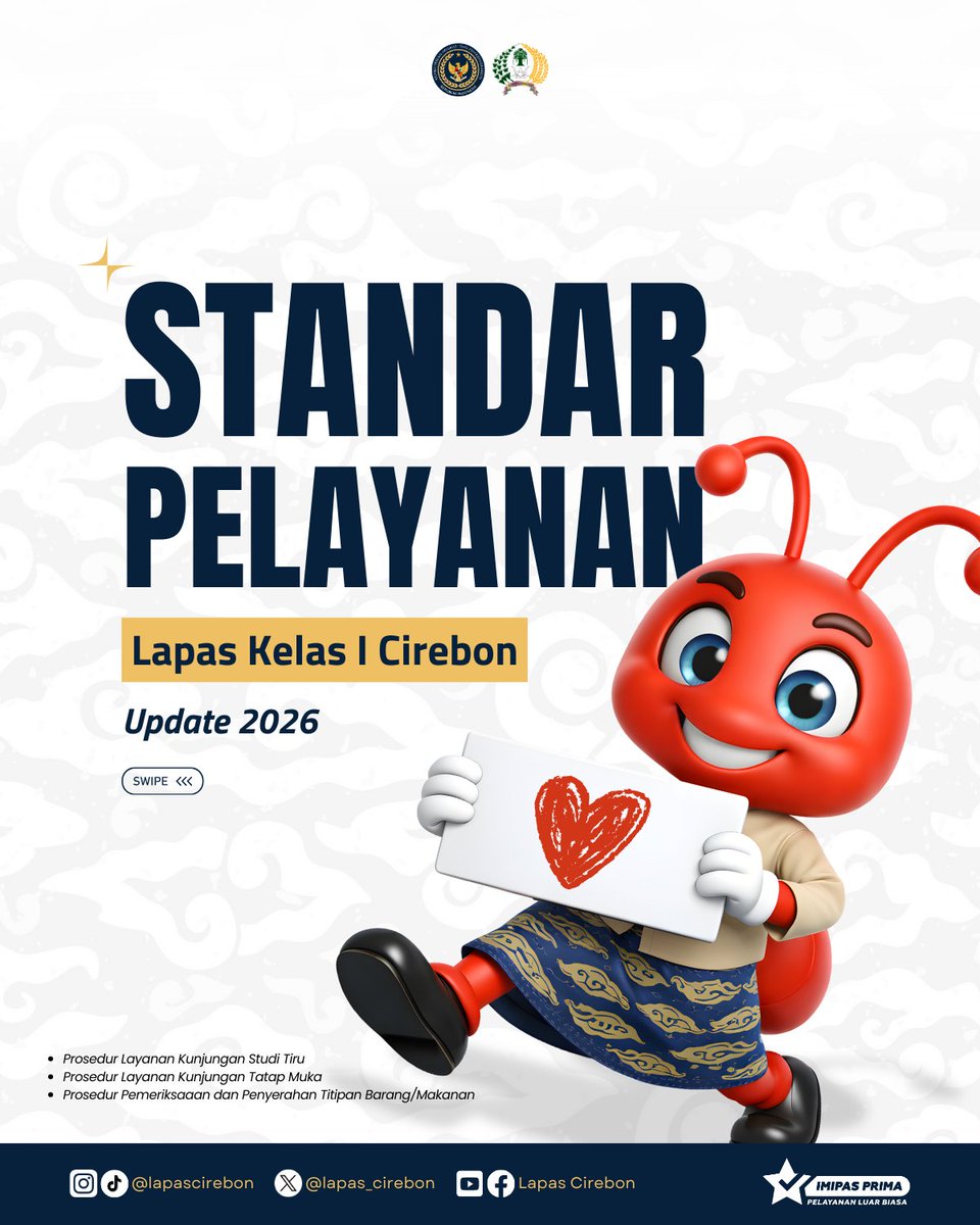 lapas_cirebon's tweet image. Hai #SobatPasbi !, kali ini mimin mau share update standar pelayanan di Lapas Cirebon.

Ada Prosedur Layanan Kunjungan Studi Tiru, Layanan Kunjungan Tatap Muka serta Prosedur Pemeriksaan &amp;amp; Penyerahan Titipan Barang/Makanan.

#LapasCirebon
#Kemenimipas
#Ditjenpas
#Pemasyarakatan