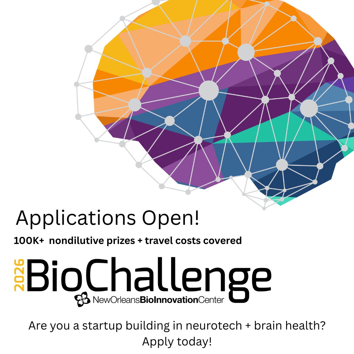 GNOinc's tweet photo. The @neworleansbio invites #neurotech + #brainhealth founders from anywhere to compete for $100k in funding, lab space &amp; grant writing support at their BioChallenge pitch competition on 10/29. If you are building in #neuro + #brainhealth, apply today: https://t.co/Wc88Yg9Qwr https://t.co/MjfSVuFPZ7