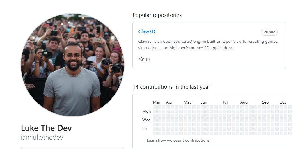 Luke talked about the release of his Git today.

Claw3D is already inside his personal repo.

github.com/iamlukethedev

He talked to a buddy of mine expressing interest on creating a community around Claw3D-

This is it.
He will claim.