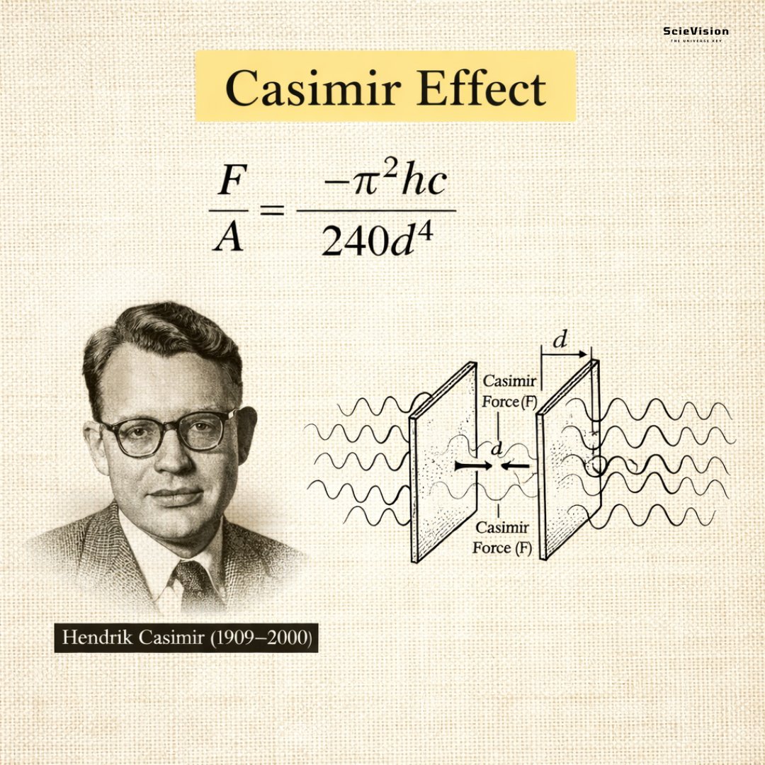 scievision369's tweet image. The Casimir effect ✍️

It is a surprising quantum phenomenon. When two flat, uncharged metal plates are placed very close together in empty space, a perfect vacuum, they are pulled toward each other by a tiny force. Even though the plates carry no electric charge or any classical