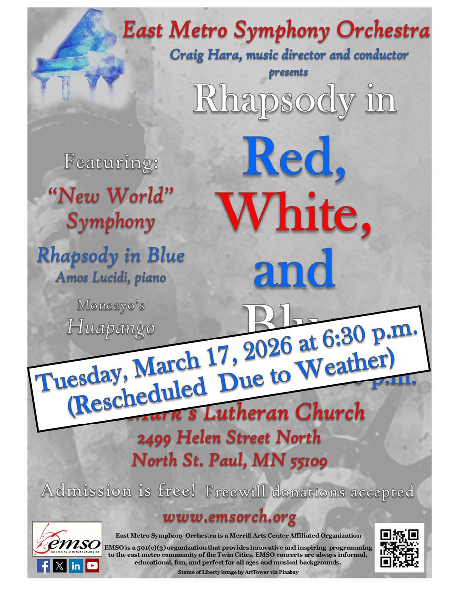 EMSOrch's tweet photo. Join us TONIGHT @ 6:30PM for Rhapsody in Red, White, &amp; Blue @ St. Mark's in N. St. Paul!  The weather may have delayed us a few days, but the music will still be fantastic!
As always the concert is free &amp; all are welcome!
More info: https://t.co/dV0ovvFIvS
https://t.co/j7HrlD2GIY https://t.co/1Nq44wWESa