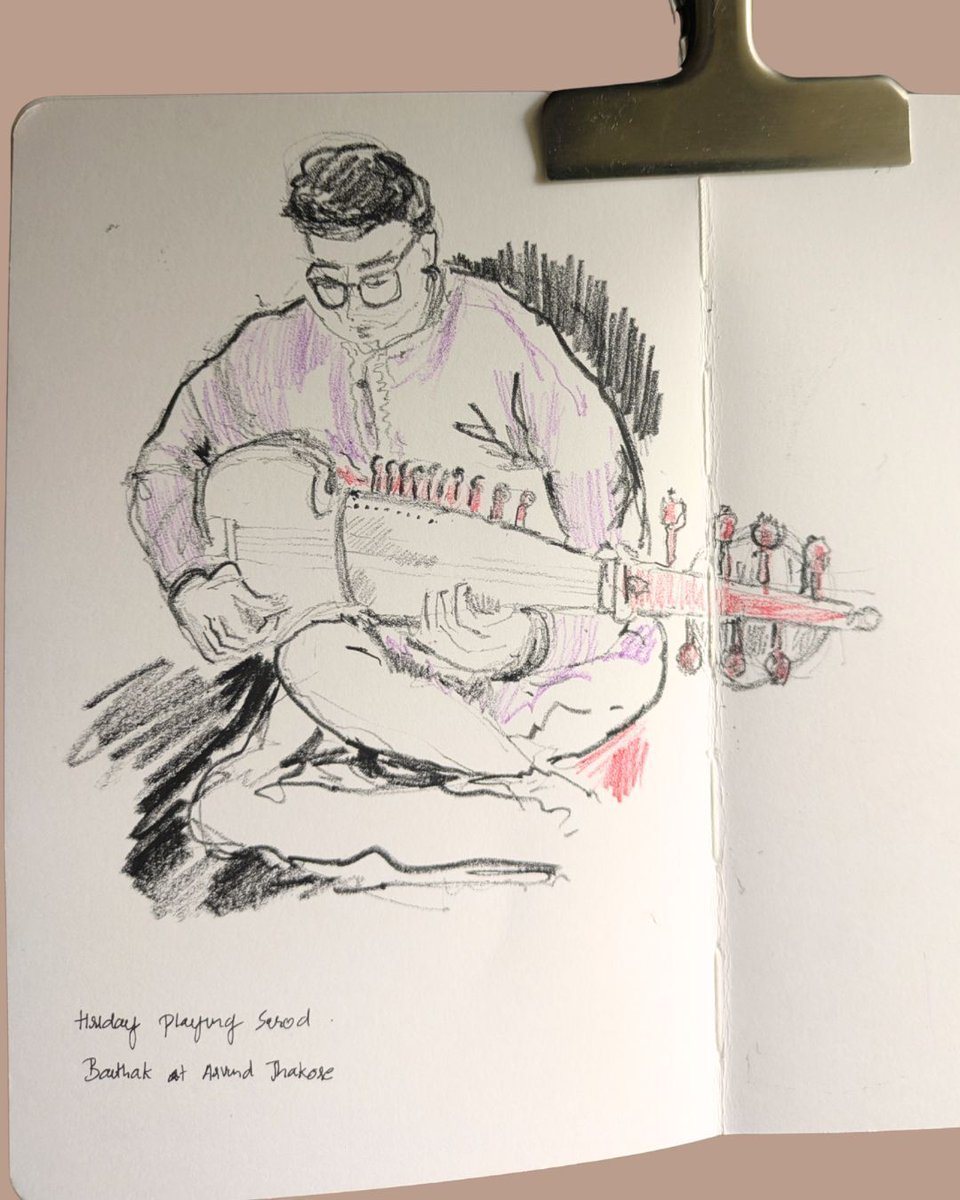 devinakirloskar's tweet photo. Another Baithak at  a lovely Sunday afternoon and so much beautiful music. This has been a great practice ground for me for figure drawing and loose sketches without getting lost in details. I didn't have my usual materials so  I used Caran Dache crayons I found in my bag. https://t.co/4nDz7CPuBS