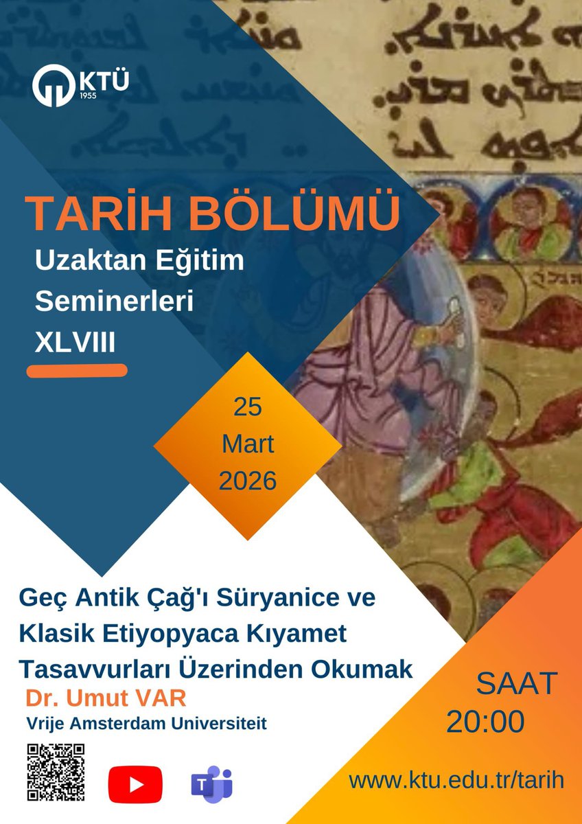 25 Mart Çarşamba günü iki Semitik dilde (Kl. Süryanice ve Kl. Etiyopyaca) kaleme alınan apokaliptik metinler üzerinden Geç Antik Çağ'ın okunabilirliğini, Bizans'ın kurtarıcı imparatorluk rolünü ve doğu Hristiyanlarının kıyamet beklentilerini tartışacağız.
