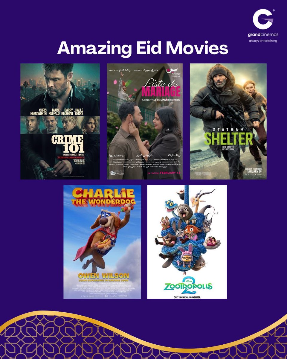 Celebrate Eid with blockbuster movies starting March 19th.
Grab your tickets and your favorite snacks and head to the cinemas.
For reservations, call us on 01-209 109.
For showtimes and bookings, login to our website lb.grandcinemasme.com 
#gclebanon
