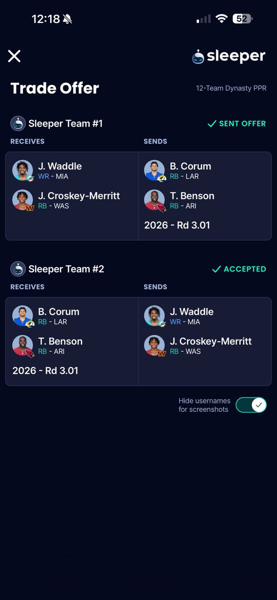 danny_neiman's tweet photo. @Light_2610 This was last week. Trade was originally Benson for Troy Franklin. Thank god I reworked it for Waddle https://t.co/aRke7Nozz9