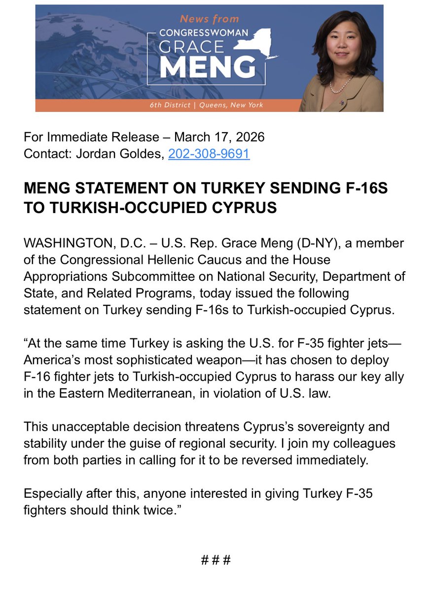 HellenicLeaders's tweet photo. Bravo ⁦@RepGraceMeng⁩. 🇹🇷 is violating 🇺🇸 law and is introducing further tension to an already unstable situation.  #WorstAllyEver https://t.co/xsI5yQ7QZP
