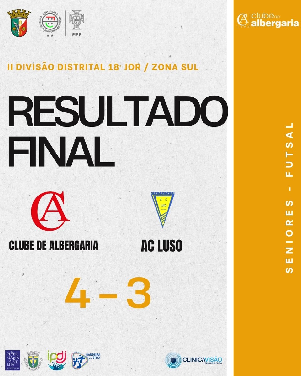 ClubeAlbergaria's tweet photo. 📷 Resultado Final - II Divisão Distrital | 18ª Jornada / Zona sul - Futsal 📷📷

Clube de Albergaria 4 - 3 AC Luso

📷 Sandro Pinho
📷 Nuno Pinto

#Futebol #AFA #AlbergariaEuSou https://t.co/9qYUNjZpKX