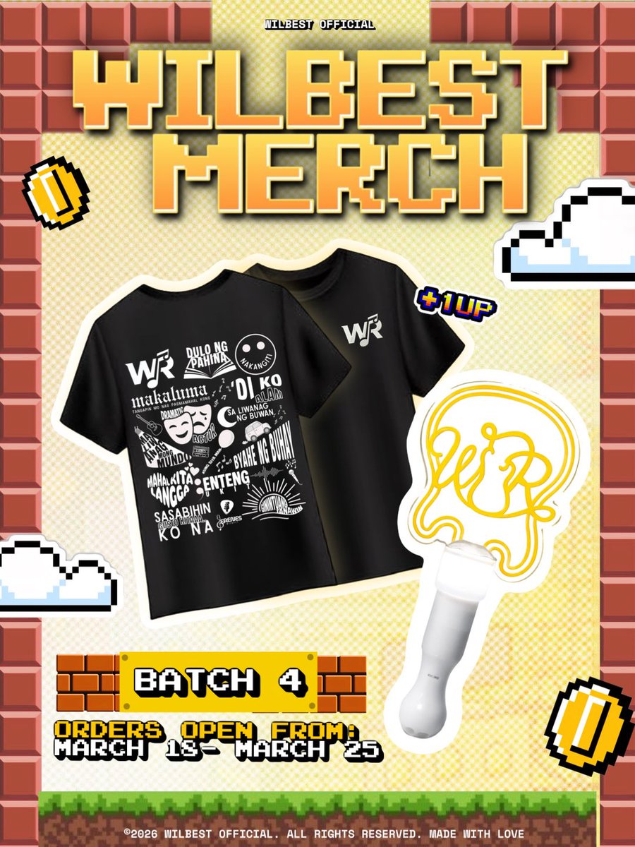 wilbest_ofc's tweet photo. Serenes… are you ready? 👀✨
Batch 4 merch just dropped! 💛
Level up your fangirl era—+1UP agad sa kilig 🎮💫
From lyrics na tumatak sa puso to fits na pang-araw-araw, dala mo na ang feels kahit saan ka magpunta.
You can order here:
https://t.co/ASa04nHfpG
#Wilbest
#Serenes https://t.co/l596F76P4V