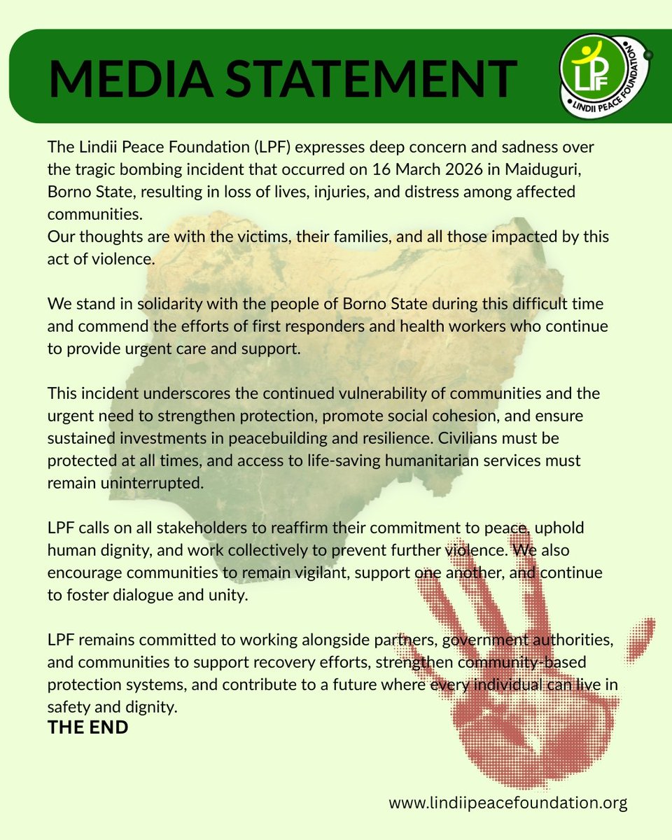 iamphatboii's tweet photo. We are saddened by the 16 March, 2026 bombing in Maiduguri, Borno State. 

Our thoughts are with the victims and their families. 
Violence must end. Peace must prevail. 
#LPF #Protection #Maiduguri #Bomb #NHF #OCHA #SDG2030 https://t.co/07XdKDfraP