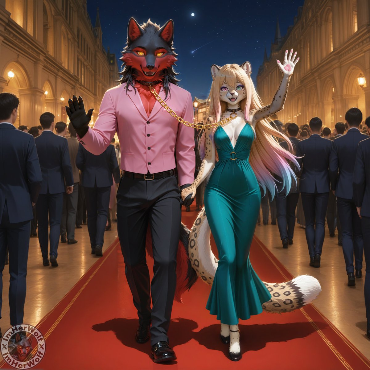 ImHerWolf's tweet photo. For this #Redcarpetchallenge, by @ZackAiCreates, my better half @Chase_Me_69 and I arrive in none other than the colors of her. She keeps me on a tight chain, and I'd have it no other way. ๐
I knew from the picture and the way you tagged us, I had this idea in mind almost instantly. Thank you for awesome challenge, and congrats on your success, my friend!
#furry #furryart #furryAI #AIart #AIgenerated #furryartist #anthro #digitalart #fursona #furryfandom #AIartwork #furrycommunity #BlazeTheWolf #AsheTheWolf #Chase #Lilith #Nymphie #Sapphire