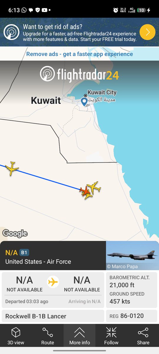 GregorMwalula's tweet photo. Two B1 Bombers heading to active theater in Iran.
Also, this KC135 stratotanker has been up for almost a day!! (24hrs). Gosh.. https://t.co/ELWBEmrK7N