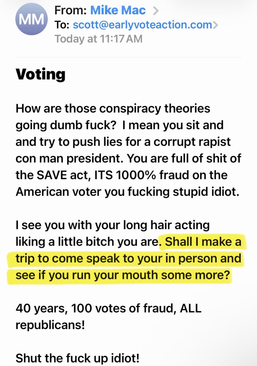 Received another threat from an employee who used his company email to send it. 

Just called the company &amp; forwarded the email to a staff member. 

We must be really ruffling some feathers. 

I am not going to stop pushing for the SAVE America Act.
