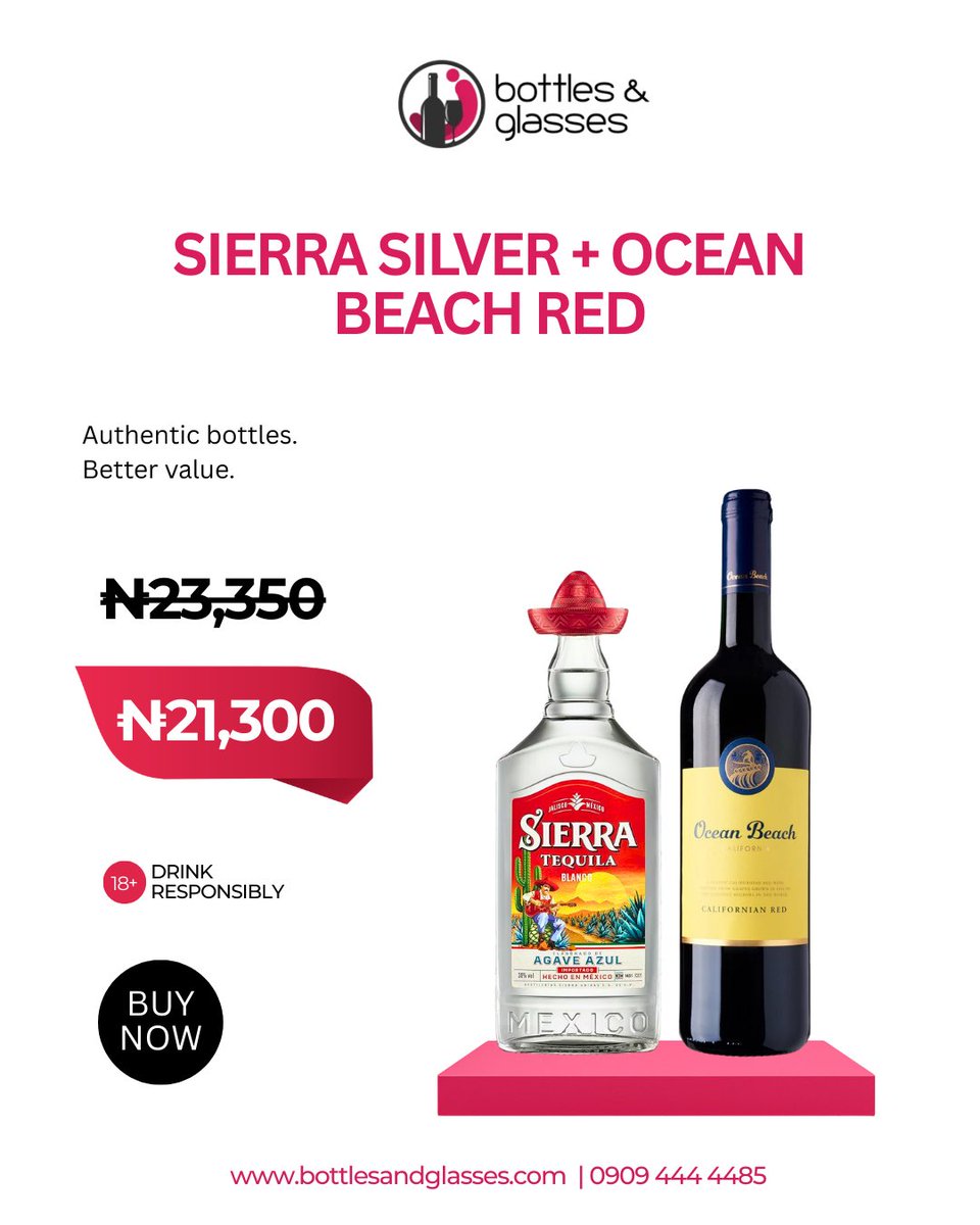 Tequila or wine?
Well, you don’t need to choose.

With this week’s deal, you get a bottle of Sierra Silver &amp; Ocean Beach Red for ₦21,300 ONLY

It’s a clean combo with a smart price.

Click on the link in our bio to shop now

#bottlesandglasses
