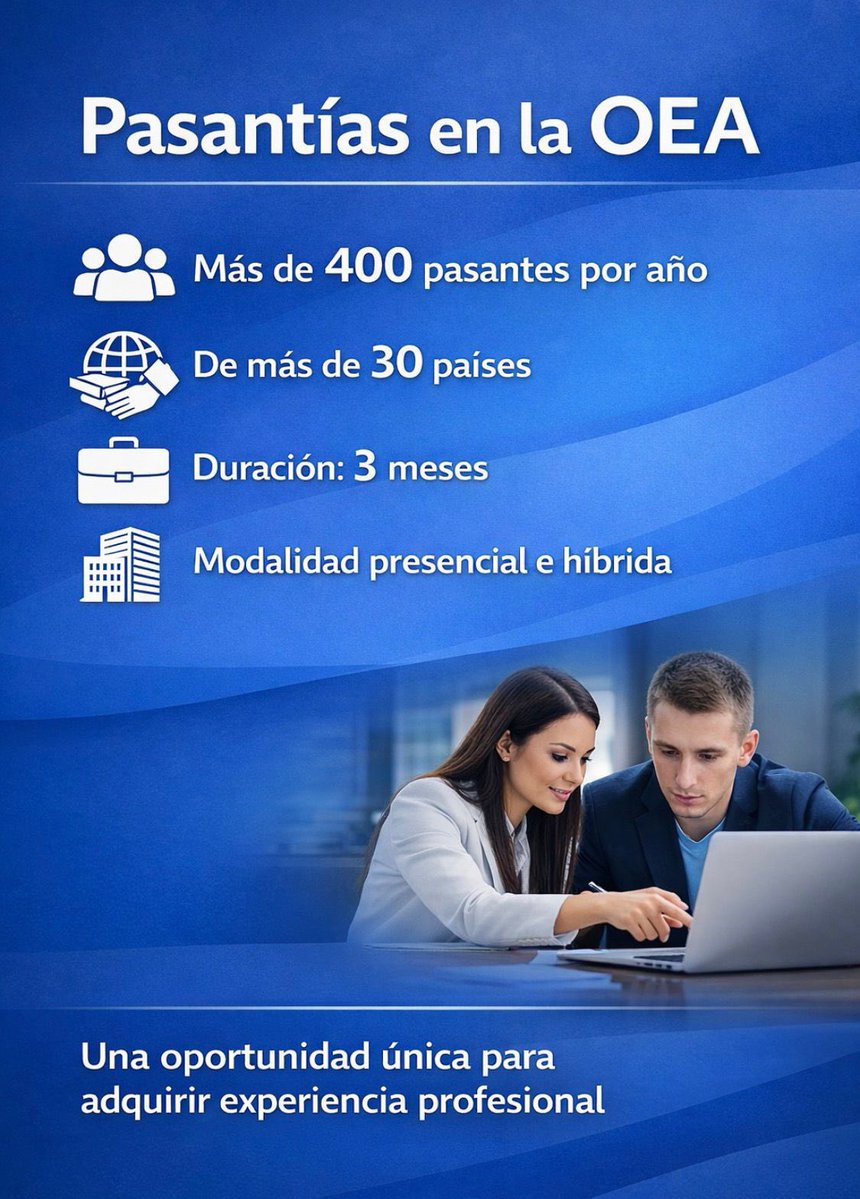 📢Eres estudiante o recién graduado? El Programa de Pasantías de la <a href="/OEA_oficial/">OEA</a> es tu oportunidad para adquirir experiencia profesional en un entorno internacional y multicultural. Trabaja en proyectos que promueven la democracia, los derechos humanos y el desarrollo en las