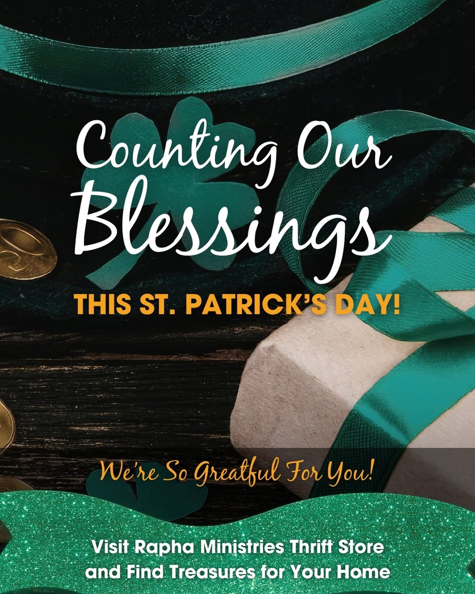StoreRapha's tweet photo. 🍀 This St. Patrick’s Day, we’re counting our blessings, and you’re one of them!

Stop by Rapha Thrift Store and find treasures that bring joy to your home. https://t.co/Mnq6u2mbur