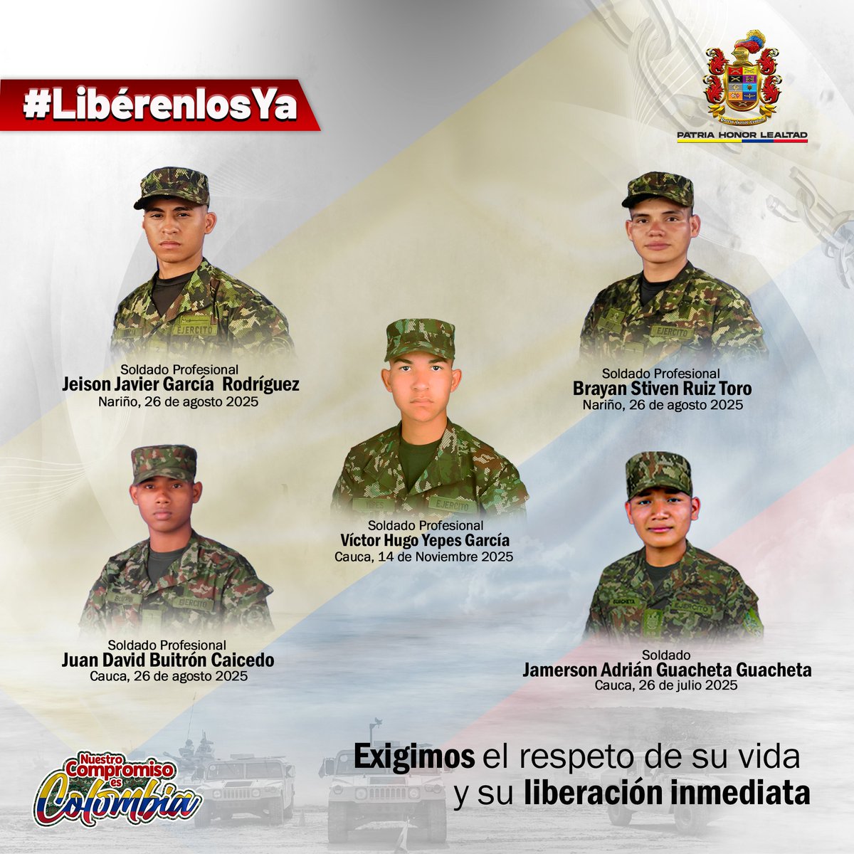 #LibérenlosYa | Exigimos la libertad inmediata y sin condiciones de nuestros cinco soldados de <a href="/Ejercito_Div3/">Tercera División del Ejército Nacional</a>, secuestrados por estructuras criminales al servicio de alias Iván Mordisco en #Cauca y #Nariño.    

Cada día de cautiverio es una violación al Derecho Internacional