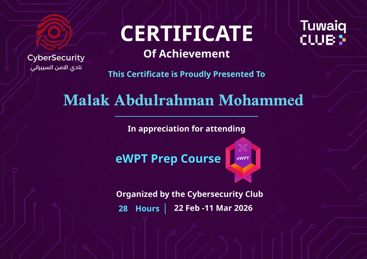 xgi_10's tweet photo. @CCSIT_CS 
الحمدلله انهيت د��رة لمعلومات وتطبيقات لشهادة ewpt 🚀🌟 https://t.co/p5lr3OHPC1