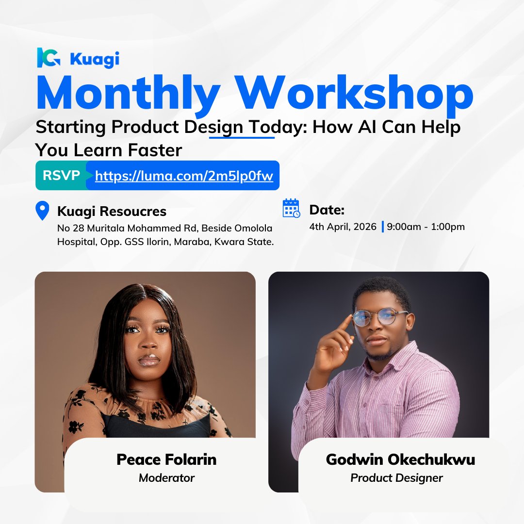 You’ve been thinking about Product Design, but not sure where to start?

Start here.

📅April 4
🕰️9 AM
📍Kuagi Resources 

“Starting Product Design Today: How AI Can Help You Learn Faster”
with Godwin Okechukwu

Register: luma.com/2m5lp0fw

#KuagiResources #AI #UIUX