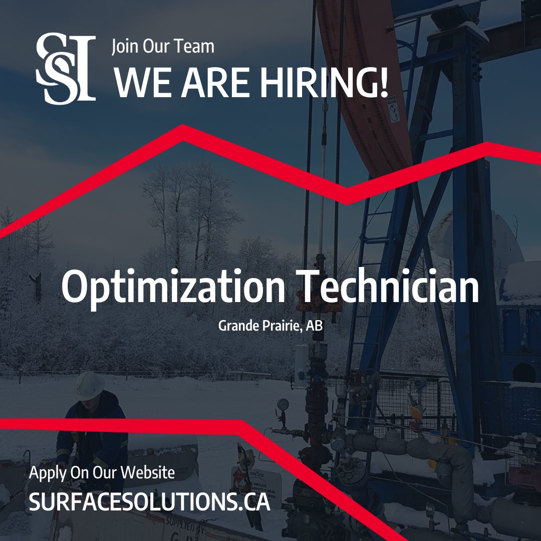 ssioptimization's tweet photo. We are hiring an Optimization Technician in #grandeprairie.

Required Qualifications:

- Class 5 Driver's License
- H2S Alive
- Standard First Aid (AB &amp; BC)
- Common Safety Orientation (CSO)

Please send resumes and driver abstracts to office@surfacesolutions.ca. https://t.co/BIcXfmia7m