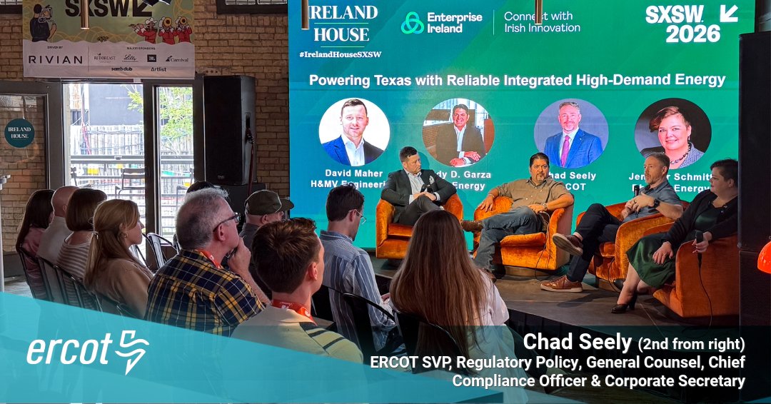 ERCOT_ISO's tweet image. ERCOT's Chad Seely joined Enterprise Ireland's Ireland House at #SXSW last weekend, speaking on the "Powering Texas with Reliable Integrated High-Demand Energy" panel. As Texas undergoes rapid transformation in energy demand and grid growth, Seely highlighted ERCOT's diverse fuel