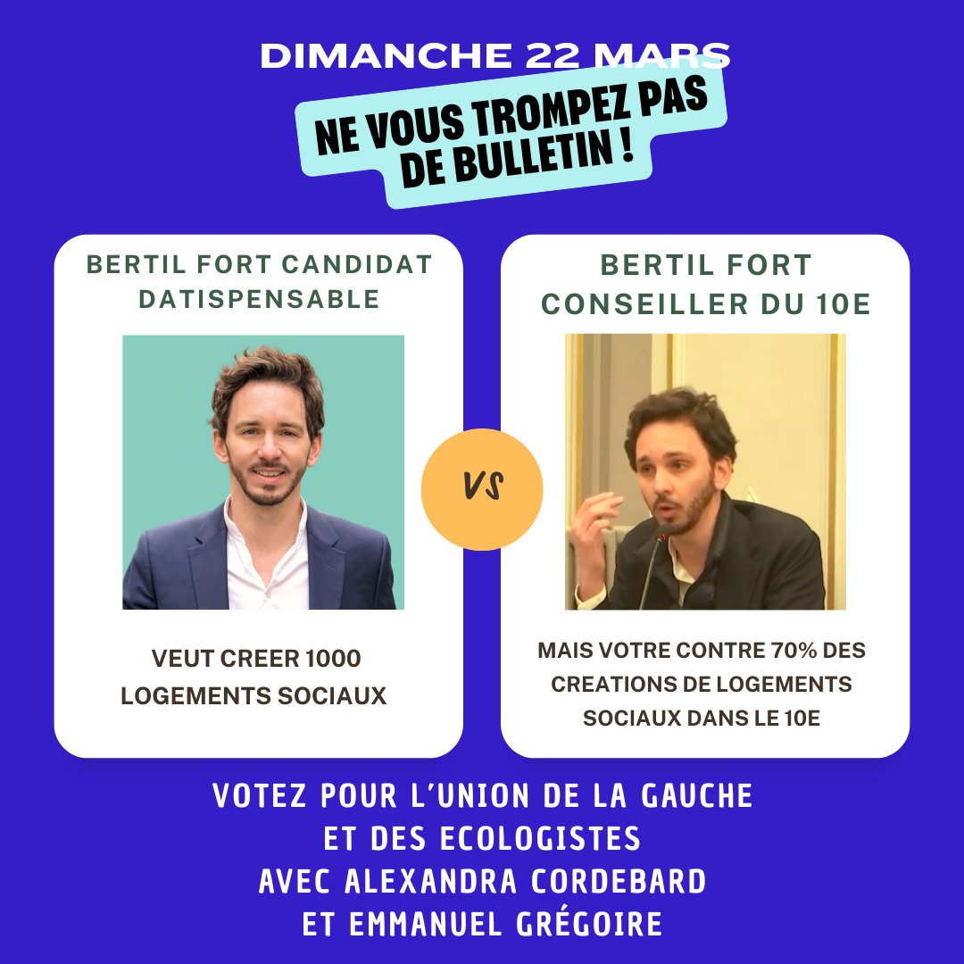 ElieJoussellin's tweet photo. [Bertil Fort, candidat Datispensable !] 

Le 22 mars, à #Paris10, ne nous trompons pas de bulletin ! 

Bertil Fort, élu sur les listes de Rachida Dati en 2020 et qui tractait encore avec elle début janvier 2026, a  un bilan. Pour le logement social, il est proche de 0. https://t.co/U8oCyvaKHz