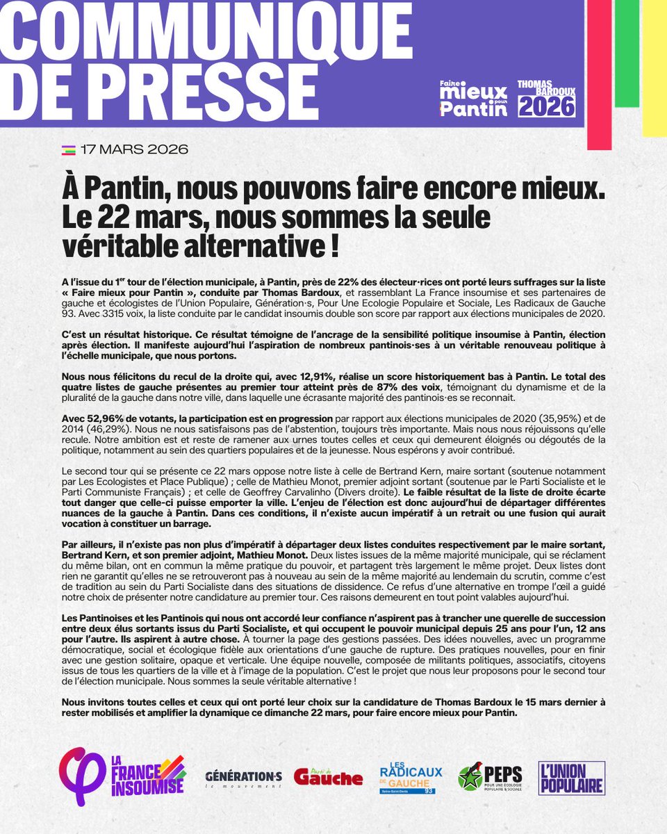 🚨 À #Pantin, nous pouvons faire encore mieux le 22 mars !

Les Pantinois n’aspirent pas à trancher une querelle de succession entre deux élus sortants PS qui occupent le pouvoir depuis 25 ans et 12 ans.

➡️ Communiqué de la liste « Faire mieux pour Pantin » avec Thomas Bardoux.