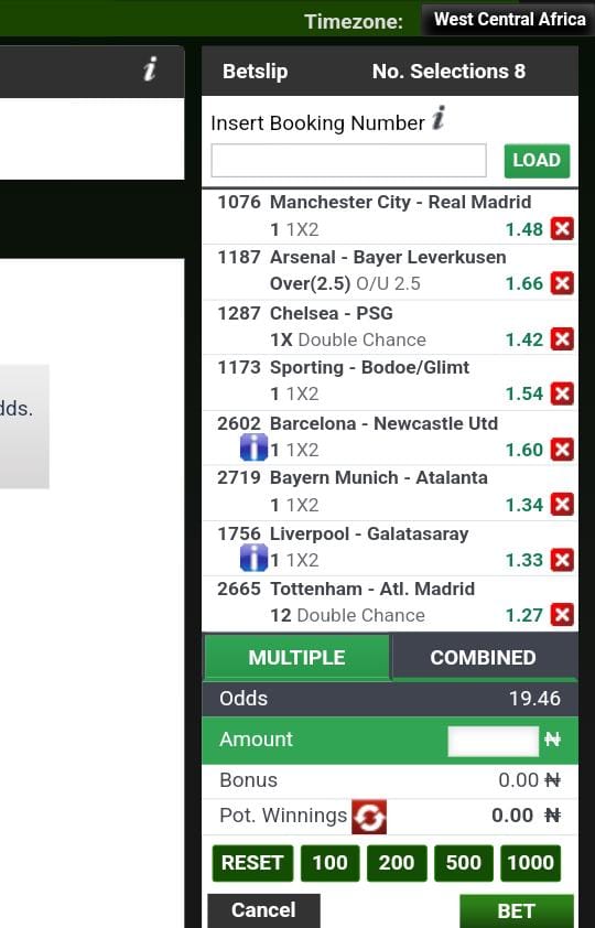 🚨 UCL SUPER PICK ✅ 🔥🔥

 ODDS: 19.64

BOOKING CODE: 57FVM3Z

Edit &amp; Stake Wisely!!!🔞🔞

DEPOSIT &amp; PLAY: 👉🏻 register.bet9ja.com/shop?promocode…

#Bet9jaCodes