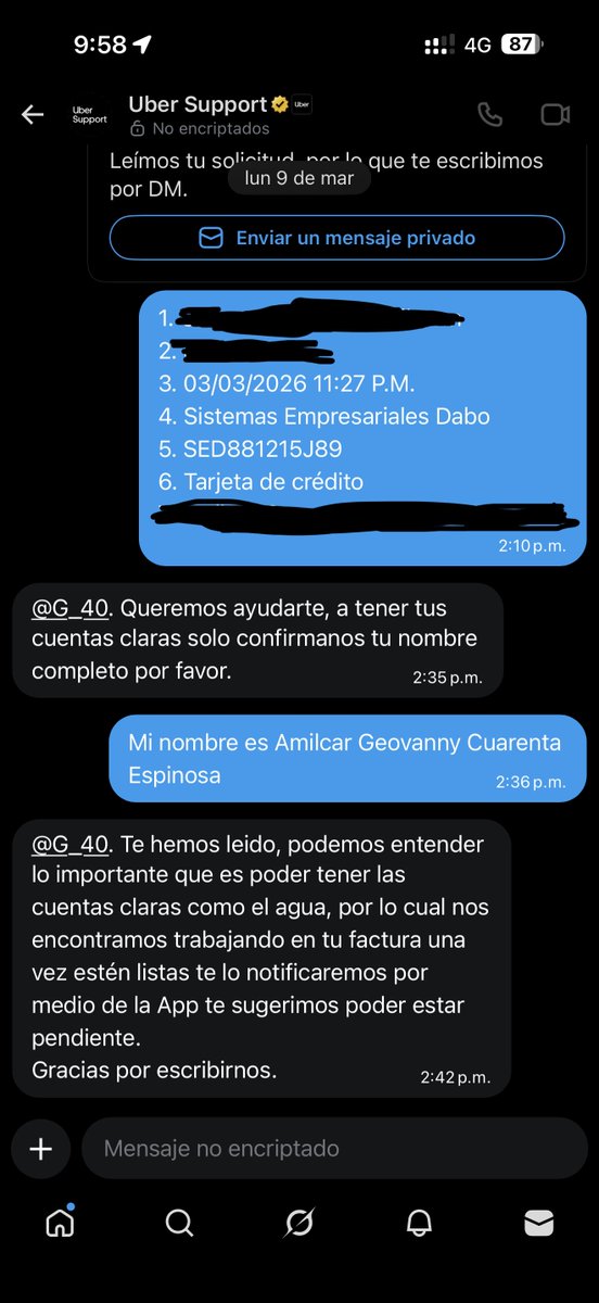 G_40's tweet photo. @Uber_Support Tengo mas de 15 días sin la Factura… lo mas importante es que el servicio fue a través de ustedes no con un tercero por lo cual ustedes están obligados a emitir un factura @Profeco ¿me pueden ayudar? https://t.co/Nzp6aiFp1E