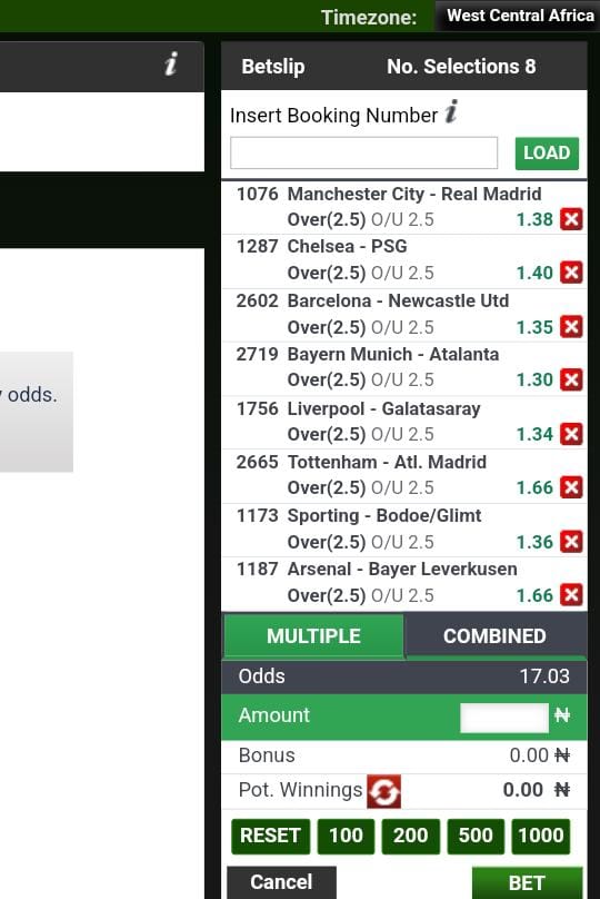 🚨  UCL OVER 2.5 SUPER PICK ✅ 🔥🔥

 ODDS: 17.03

BOOKING CODE: 57FVTV2

Edit &amp; Stake Wisely!!!🔞🔞

DEPOSIT &amp; PLAY: 👉🏻 register.bet9ja.com/shop?promocode…

#Bet9jaCodes