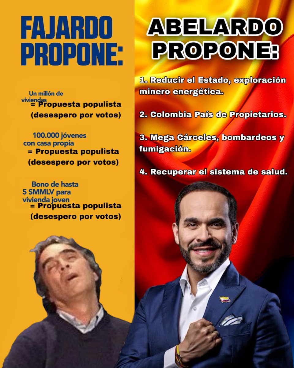 Fajardo, parece que te asesora un enemigo, hiciste el ridículo comparando tus “propuestas” con que Abelardo use o venda un reloj. Aquí va una versión más justa donde se comparan tus propuestas populistas con las de Abelardo.

Estás a nada de proponer 4 millones de lavadoras cómo