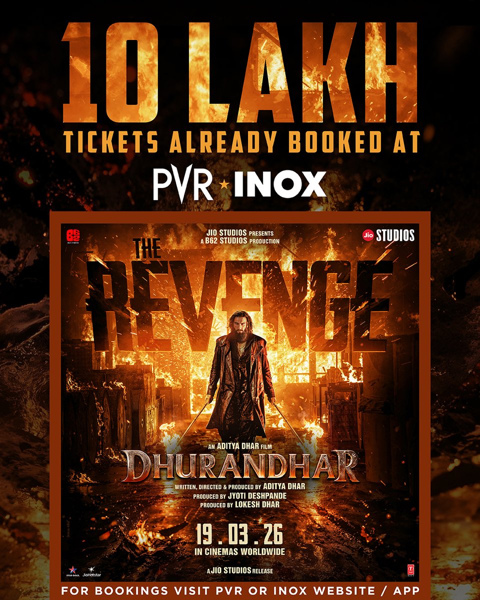_PVRCinemas's tweet photo. 10 lakh tickets booked… and the fire is only rising. 🔥 The hype is real, the madness is building, and Dhurandhar: The Revenge is ready to take over. 💯 💣 

Have you booked your tickets yet? 

#DhurandharTheRevenge releasing at PVR INOX on March 19! 
Book now: https://t.co/aktyEjTQ8O
.
.
.
#RanveerSingh #ArjunRampal #SanjayDutt #SaraArjun #AdityaDhar

Credits: Jio Studios, B62 Studios, T-Series, T-Series Music.