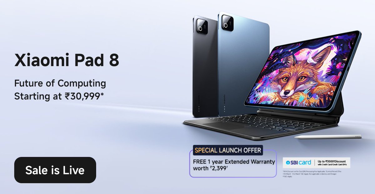 XFCHaryana's tweet photo. 🚀 Sale starts NOW!
#XiaomiPad8 is here to redefine productivity & entertainment — powerful, sleek, and built for the future 💻🔥
#XiaomiPad8 #XiaomiFansClub #FutureOfComputing
@pixelwithme @ritij @xiaomiindia @s_anuj @sandeep9sarma https://t.co/nvNjDGlSbo