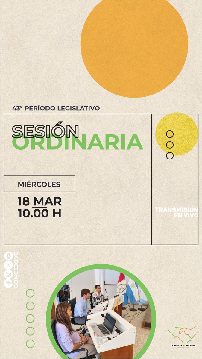 ConcejoVc's tweet photo. 🏛️ Sesión Ordinaria | 43º Período Legislativo

📅 18MAR2026 🕙 10.00h 📄 Orden del Día🔗https://t.co/fCD10Ih9fj

🎥 Seguí la sesión en vivo a través de la Fanpage.

👉 Sumate a la transmisión y mantenete informado sobre la actividad legislativa de Villa Constitución.

#ConcejoVC https://t.co/Fk6mQMG4f3