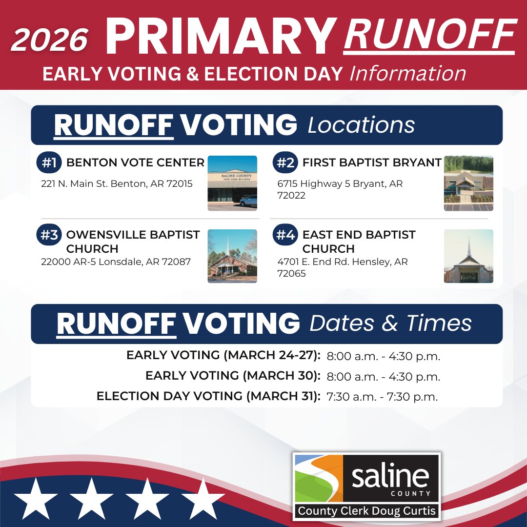 🗳️ Voting starts ONE WEEK from today in Saline County!

Early Voting: March 24–27 &amp; March 30 (8:00 AM–4:30 PM)
Election Day: Tuesday, March 31 (7:30 AM–7:30 PM)
📍 4 vote centers available
📲 salinecounty.org/vote for absentee info &amp; more

#SalineCoVotes