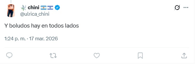 No sean como <a href="/ulrica_chini/">🕊️ chini 🇦🇷🇮🇱</a> que se vende como "Asesor inmobiliario Century 21. Algo de poesia, arte, viajes y libros ✈️ Libre pensadora e intento de deportista" pero me trata de boludo por no coincidir con ella pero limita los comentarios para no saber lo que opino de ella