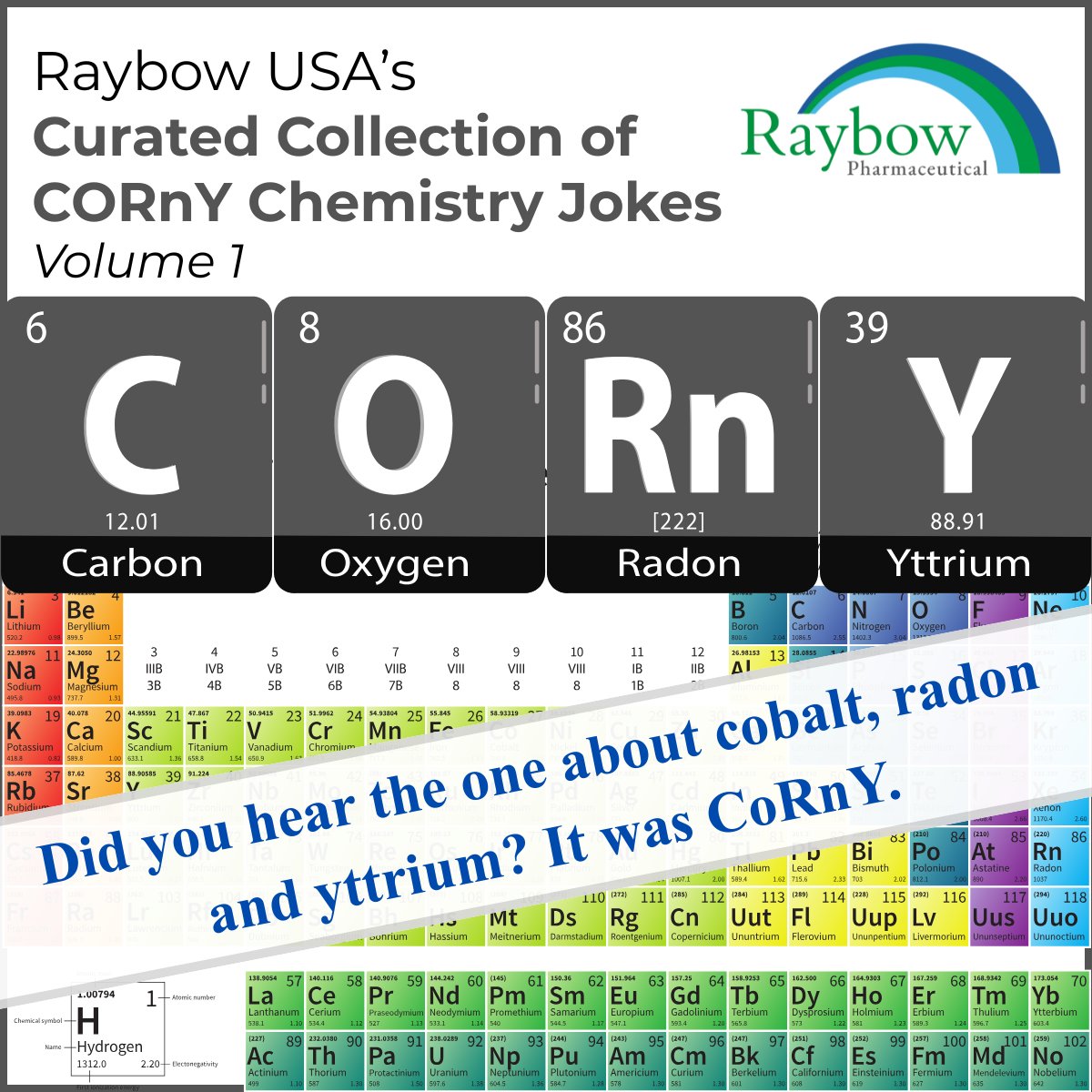 RaybowPharma's tweet photo. Raybow USA takes chemistry very seriously.
Sharing humor in office areas enhances the entire work environment. 
Sharing humor with business and industry partners builds community.
Enjoy Volume 1 of this curated collection of CORnY chemistry jokes: https://t.co/dGW5JrsvQx https://t.co/ipUyg5kYoA