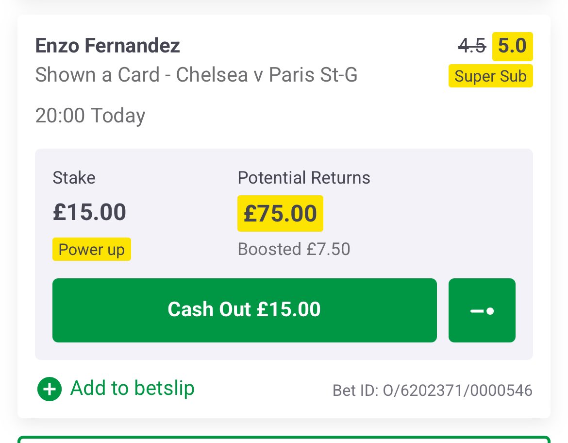 ‼️CHAMPIONS LEAGUE CARD BET ‼️

#UCL Bet: Enzo Fernandez to get booked at 7/2 (4.5) with PaddyPower 🇦🇷

Bit of value on Enzo to get booked tonight against PSG 🏴󠁧󠁢󠁥󠁮󠁧󠁿

Here’s why 👇

Chelsea have to go all out tonight as they try and recover from going three goals down in the first