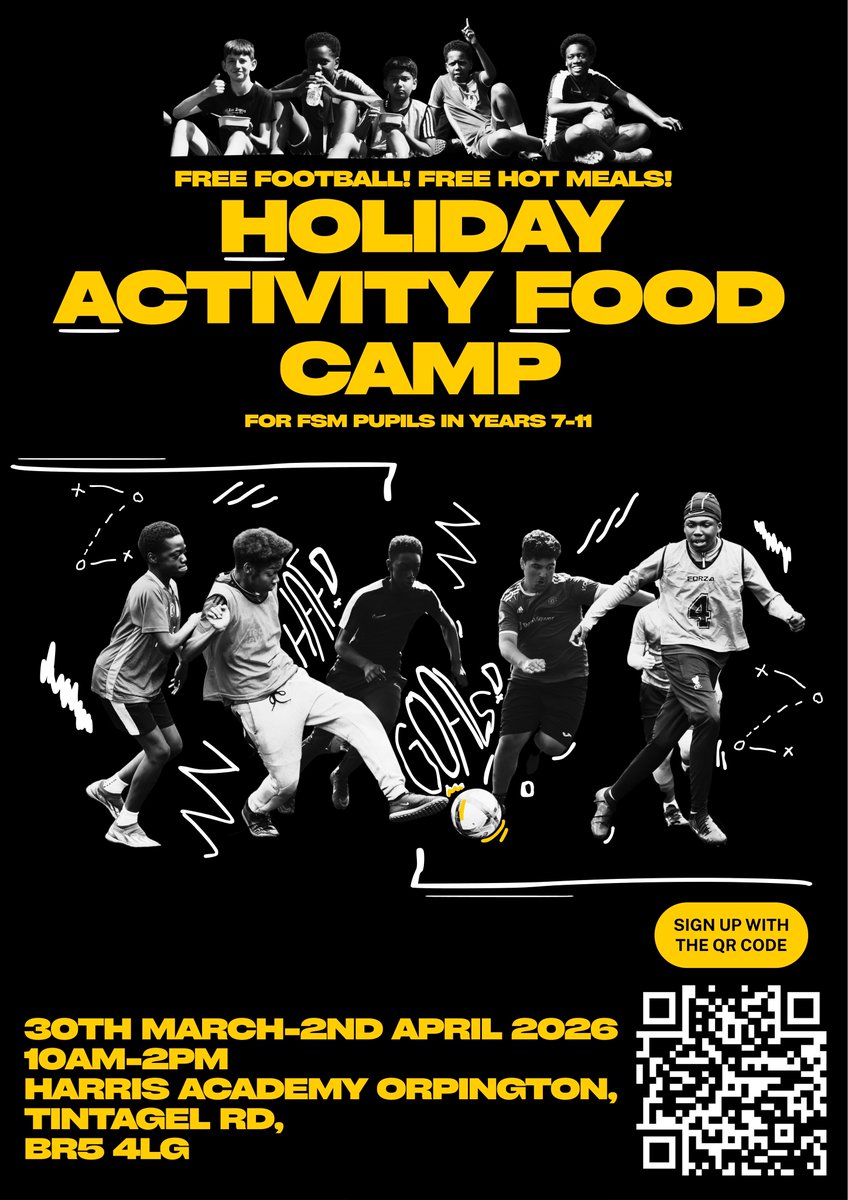 Kinetic_Academy's tweet photo. Live in Bromley? In Year 7-11? Join our free football training camp 30th March-2nd April! ⚽️🍝🧃

Sign up here ➡️ https://t.co/WMmRSuDQm1

Please repost and share with relevant pupils/parents 🙌

@haorpington | #KineticAcademy #Community #HAF #HAF2026 https://t.co/91jlHmAex6