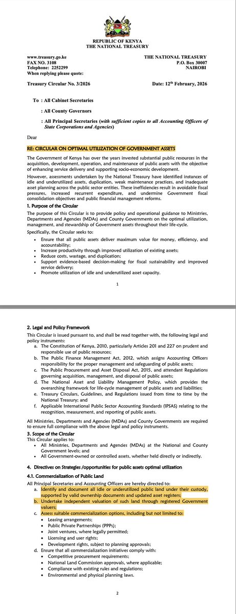 SokoAnalyst's tweet photo. Kasongo is not resting — and this time, he is coming for public land in broad daylight.

The National Treasury has now formally directed all Principal Secretaries to identify and document idle or underutilised public land under their custody, backed by ownership documents and updated asset registers.

On the surface, this sounds like efficiency. In reality, it opens the door to something far more dangerous if left unchecked.

They are further being instructed to subject this land to independent valuation through government-registered valuers. Again, this appears procedural — but Kenyans know too well how valuation games are played: undervalue public assets, transfer interests quietly, and watch private fortunes grow from public wealth.

Then comes the core of the matter — “commercialisation.” Principal Secretaries are being told to assess options such as leasing, joint ventures, and granting development rights. Let’s call this what it is: a structured pathway to privatise public land through backdoor arrangements dressed up as economic optimisation.

And it does not stop there.
The directive goes further to include commercialisation of passenger and freight concessions, leasing of railway land and stations, way-leaves, and even tourism services. 

What is being packaged as reform is, in effect, a sweeping attempt to open up public infrastructure and land assets to private capture.

This is not just policy — it is a potential transfer of generational wealth from the public to a connected few.
Public land is not idle wealth waiting to be exploited. It is strategic national capital — held in trust for citizens today and generations to come. 

The moment you begin to “commercialise” it without airtight transparency, public participation, and parliamentary oversight, you create a pipeline for state capture.

We have seen this script before. It starts with audits and valuations. It moves to “partnerships.” It ends with permanent loss of public control.

Kenyans must ask hard questions: Who are these joint venture partners? Who benefits from these leases? What safeguards exist against undervaluation and insider dealing?

Where is public participation in decisions of this magnitude?
Because if this process proceeds in opacity, what is being called reform today will be remembered as one of the largest silent dispossessions of public assets in Kenya’s history.

This is not efficiency. This is not reform.
This is a line that must be watched — and challenged — in real time.
