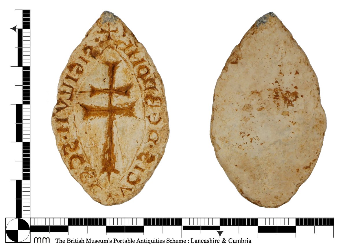 Rob_Webley's tweet photo. For #FindsFriday a seal matrix found in Lancashire @findsorguk but connected with Bromholm Priory, Norfolk. The Patriarchal cross was brought there from Constantinople in the 13th century. Pilgrim items include ampullae, many from London but some found in the Netherlands. #MedRit https://t.co/YV0K9BZtKn