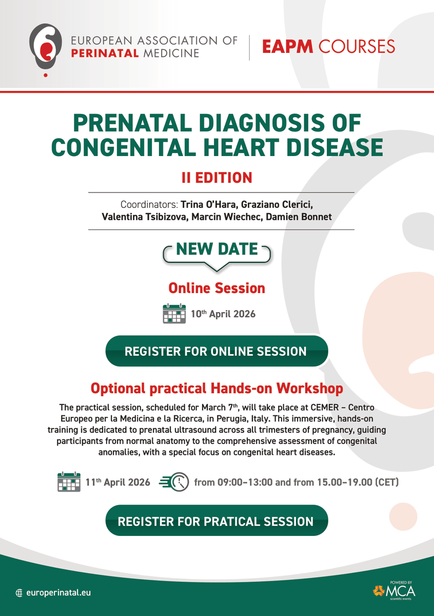 EUperinatal's tweet photo. 2 weeks left until #EAPM course on prenatal diagnosis of congenital heart disease (II edition). Separate registration required for Online and practical In-Person Sessions.

Online session 💻 : https://t.co/f3Zgeg89p2
Register for in-person session 🙋: https://t.co/dSfa9D6k9G https://t.co/Q9jRTxfdEN