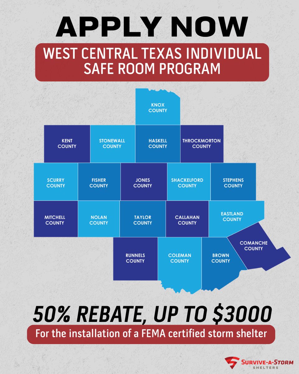 surviveastorm's tweet photo. If you live in one of the 19 eligible counties, now’s the time to apply for the Residential Safe Room Program. WCTCOG is offering a 50% rebate (up to $3,000) for FEMA‑certified storm shelters. Apply today: https://t.co/8Myj0Q4iBb  and contact us for your shelter: 📞 888-360-1492 https://t.co/NvQTnw3hXR