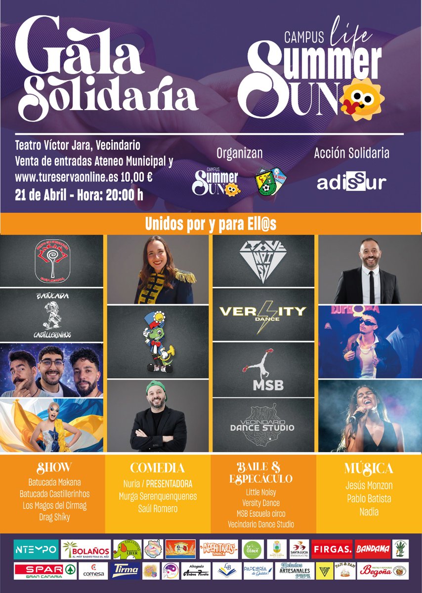 AAdissur's tweet photo. ¡Unidos por y para ell@s! ❤️✨
 Gala Solidaria "Summer Sun", una noche mágica.
📍 Lugar: Teatro Víctor Jara, Vecindario.
🗓️ Fecha: 21 de Abril.
🕗 Hora: 20:00 h.
🎫 Entradas: Solo 10,00 € en https://t.co/0T3u7Vjq7E.
¡Ven a disfrutar y colabora! ¡Te esperamos! 💃🕺 https://t.co/cswu0CDqnA